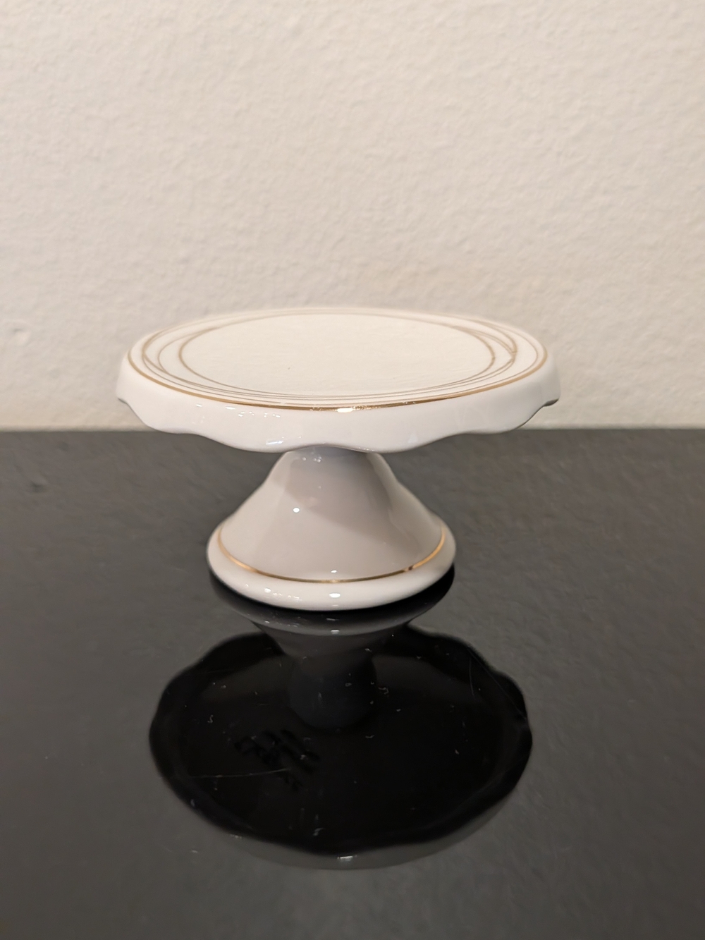 White Ceramic Mini Pedestal Cake Stand with Gold Trim